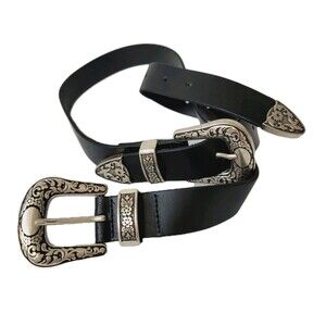 Western Double Buckle Black Leather Belt Engraved Silver Tone  Cowboy Unisex